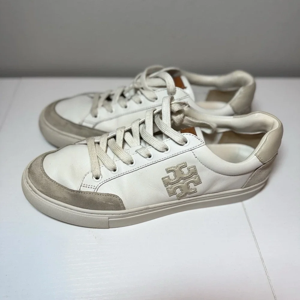 Tory Burch Sneakers Bari Nappa Color Block Women Sz 9 White Beige Leather Suede